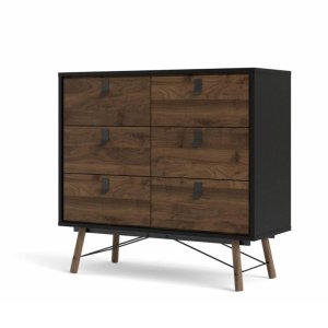 TVILUM Ry dobbel kommode, m. 6 skuffer - valn�tt/svart folie og tre