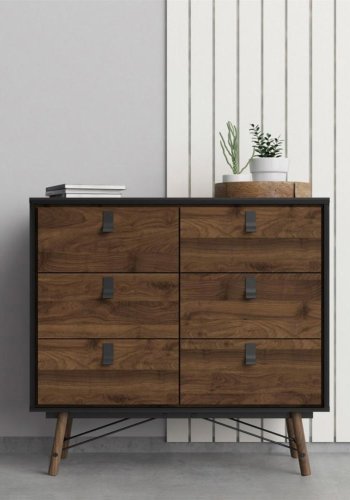 TVILUM Ry dobbel kommode, m. 6 skuffer - valntt/svart folie og tre