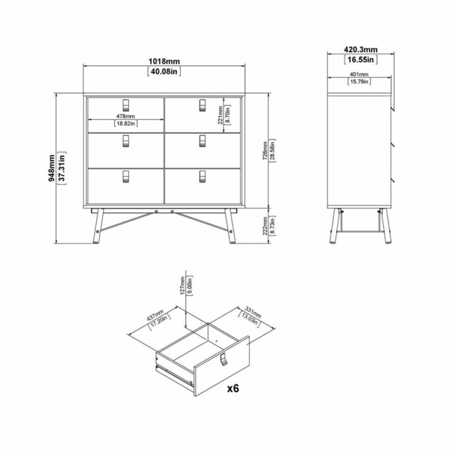 TVILUM Ry dobbel kommode, m. 6 skuffer - valntt/svart folie og tre