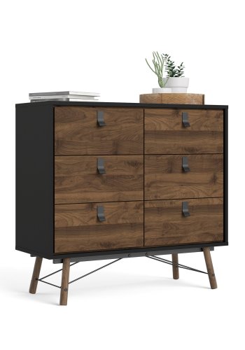 TVILUM Ry dobbel kommode, m. 6 skuffer - valntt/svart folie og tre