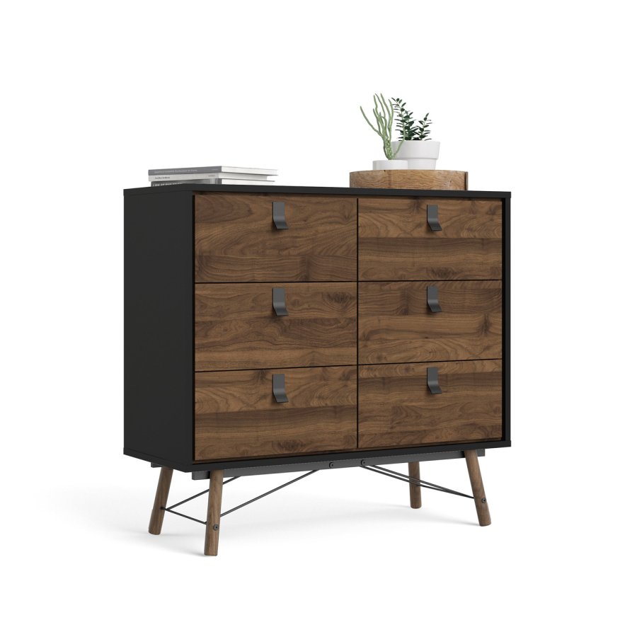 TVILUM Ry dobbel kommode, m. 6 skuffer - valntt/svart folie og tre