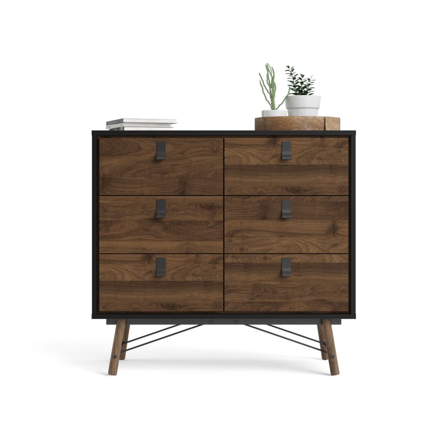 TVILUM Ry dobbel kommode, m. 6 skuffer - valntt/svart folie og tre