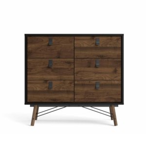 TVILUM Ry dobbelt kommode, m. 6 skuffer - valnd/matsort folie og tr