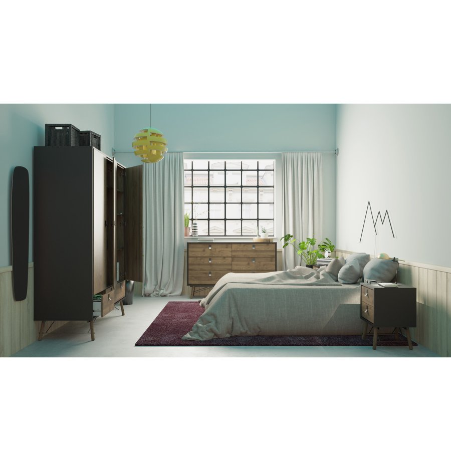 TVILUM Ry Nachttisch, mit 2 Schubladen – Walnuss/Schwarzfolie und Walnussholz (43,3x40,1)