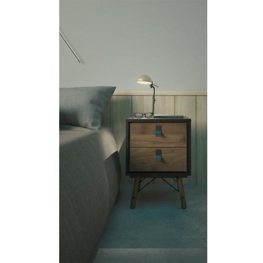 TVILUM Ry Nachttisch, mit 2 Schubladen – Walnuss/Schwarzfolie und Walnussholz (43,3x40,1)