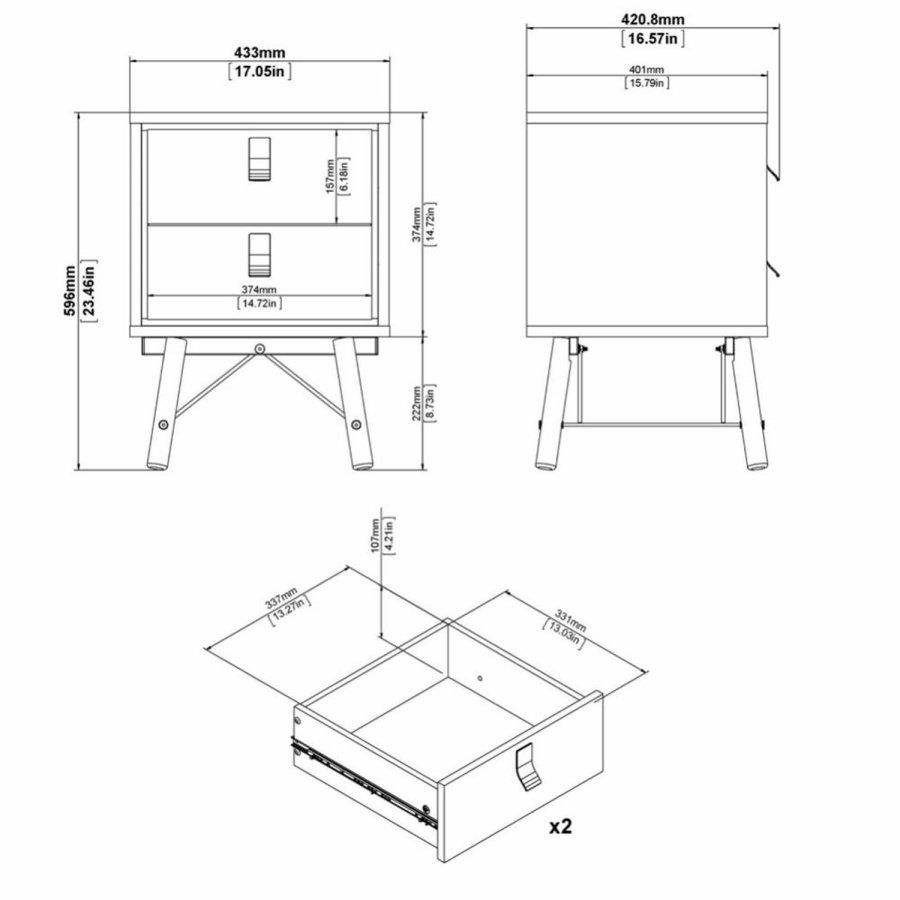 TVILUM Ry Nachttisch, mit 2 Schubladen – Walnuss/Schwarzfolie und Walnussholz (43,3x40,1)