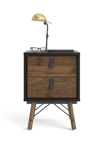 TVILUM Ry Nachttisch, mit 2 Schubladen – Walnuss/Schwarzfolie und Walnussholz (43,3x40,1)