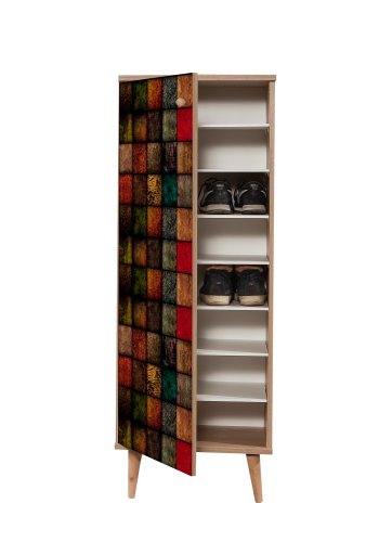 FUNZI LIVING Filinta skoskap, med 1 dr og 7 hyller - flerfarget/Sonoma eik melamin og agnbk