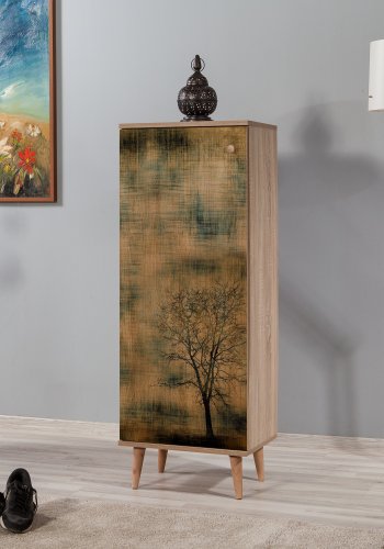 FUNZI LIVING Filinta Schuhschrank, mit 1 gemusterten Tür - Sonoma Eichenfarbenes Melamin und natürliche Hainbuche