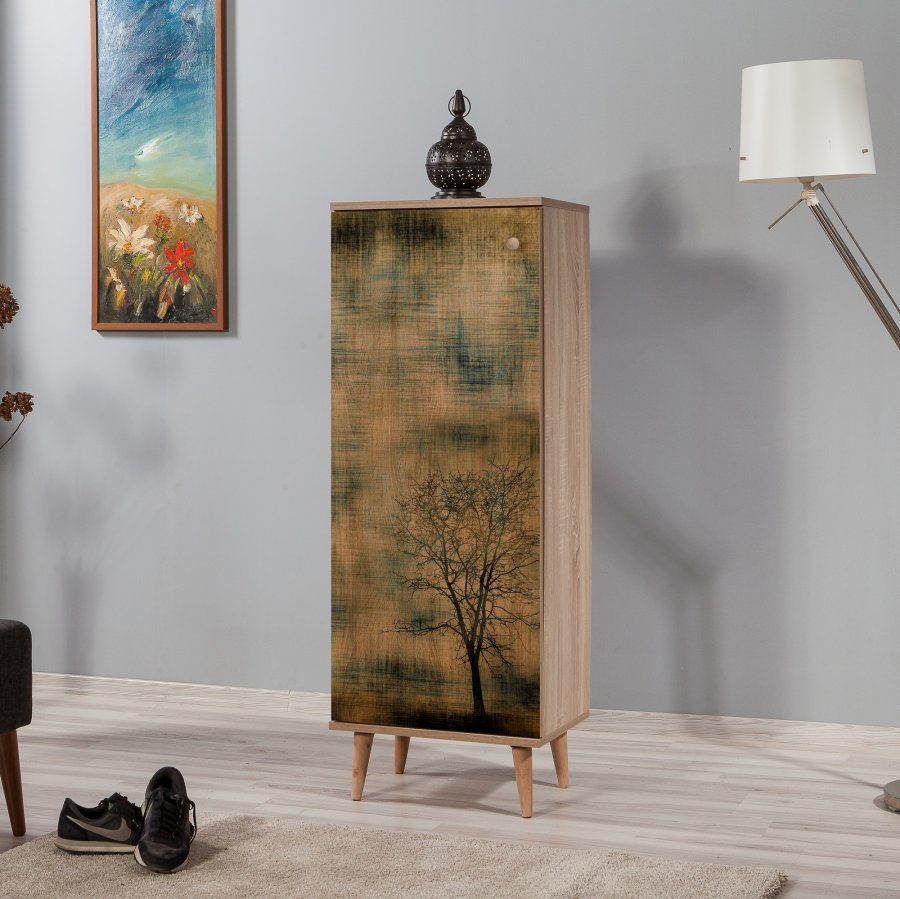 FUNZI LIVING Filinta Schuhschrank, mit 1 gemusterten Tür - Sonoma Eichenfarbenes Melamin und natürliche Hainbuche