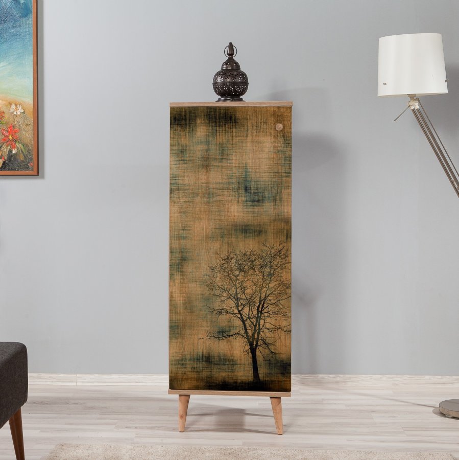 FUNZI LIVING Filinta Schuhschrank, mit 1 gemusterten Tür - Sonoma Eichenfarbenes Melamin und natürliche Hainbuche