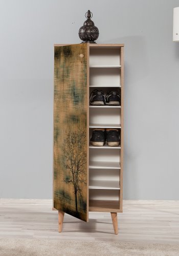 FUNZI LIVING Filinta Schuhschrank, mit 1 gemusterten Tür - Sonoma Eichenfarbenes Melamin und natürliche Hainbuche