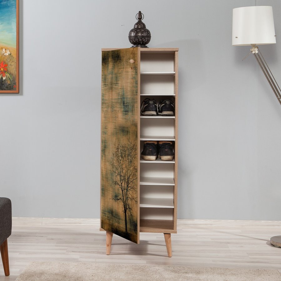 FUNZI LIVING Filinta Schuhschrank, mit 1 gemusterten Tür - Sonoma Eichenfarbenes Melamin und natürliche Hainbuche