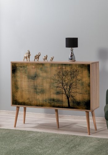 FUNZI LIVING Mega-Sideboard mit 3 gemusterten Türen und 3 Regalen - natürliches Melamin und natürliche Hainbuche