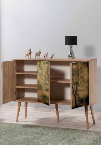 FUNZI LIVING Mega-Sideboard mit 3 gemusterten Türen und 3 Regalen - natürliches Melamin und natürliche Hainbuche