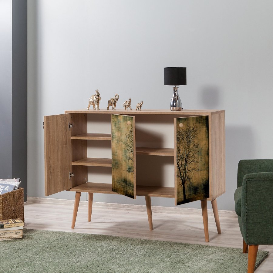 FUNZI LIVING Mega-Sideboard mit 3 gemusterten Türen und 3 Regalen - natürliches Melamin und natürliche Hainbuche