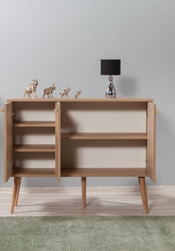 FUNZI LIVING Mega-Sideboard mit 3 gemusterten Türen und 3 Regalen - natürliches Melamin und natürliche Hainbuche