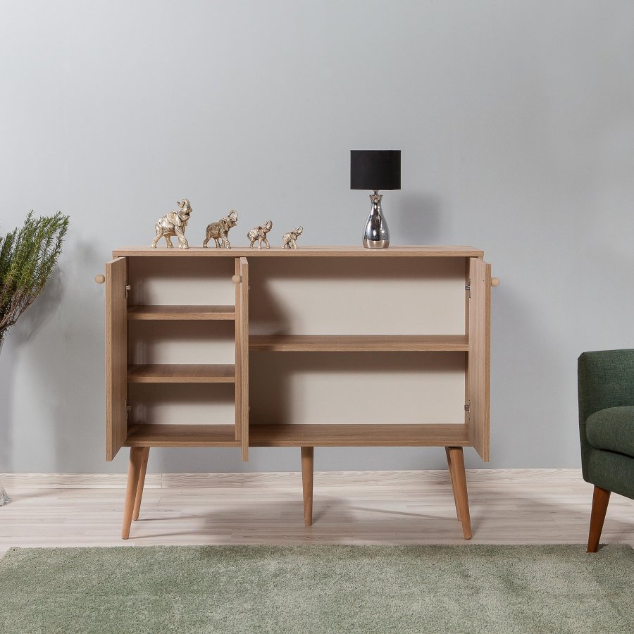 FUNZI LIVING Mega-Sideboard mit 3 gemusterten Türen und 3 Regalen - natürliches Melamin und natürliche Hainbuche