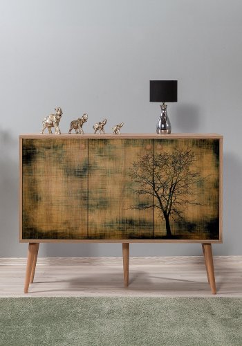 FUNZI LIVING Mega-Sideboard mit 3 gemusterten Türen und 3 Regalen - natürliches Melamin und natürliche Hainbuche