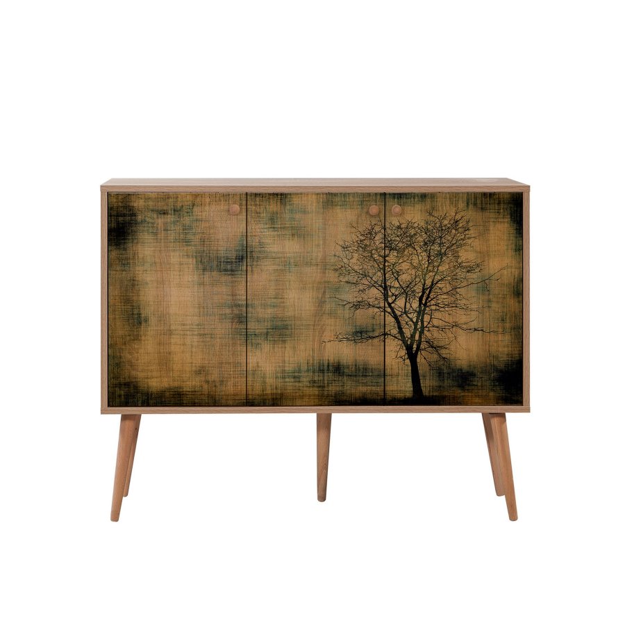 FUNZI LIVING Mega-Sideboard mit 3 gemusterten Türen und 3 Regalen - natürliches Melamin und natürliche Hainbuche