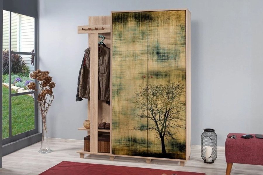 NORDVRK Garmanto inngangssett, m. 4 kroker, 2 drer med mnster, 11 hyller - naturlig melamin og bk