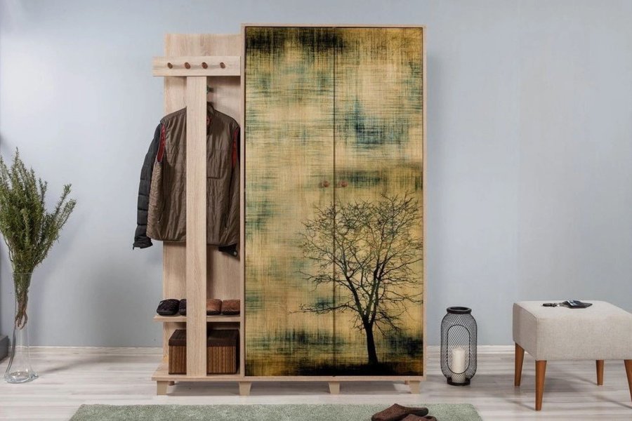 NORDVRK Garmanto inngangssett, m. 4 kroker, 2 drer med mnster, 11 hyller - naturlig melamin og bk