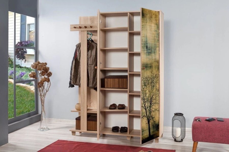 NORDVRK Garmanto inngangssett, m. 4 kroker, 2 drer med mnster, 11 hyller - naturlig melamin og bk