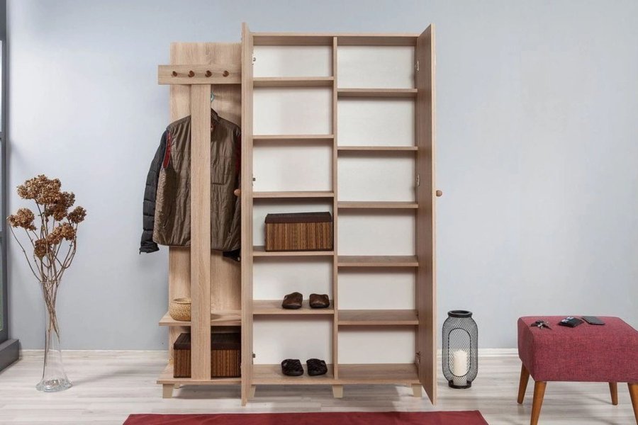 NORDVRK Garmanto inngangssett, m. 4 kroker, 2 drer med mnster, 11 hyller - naturlig melamin og bk