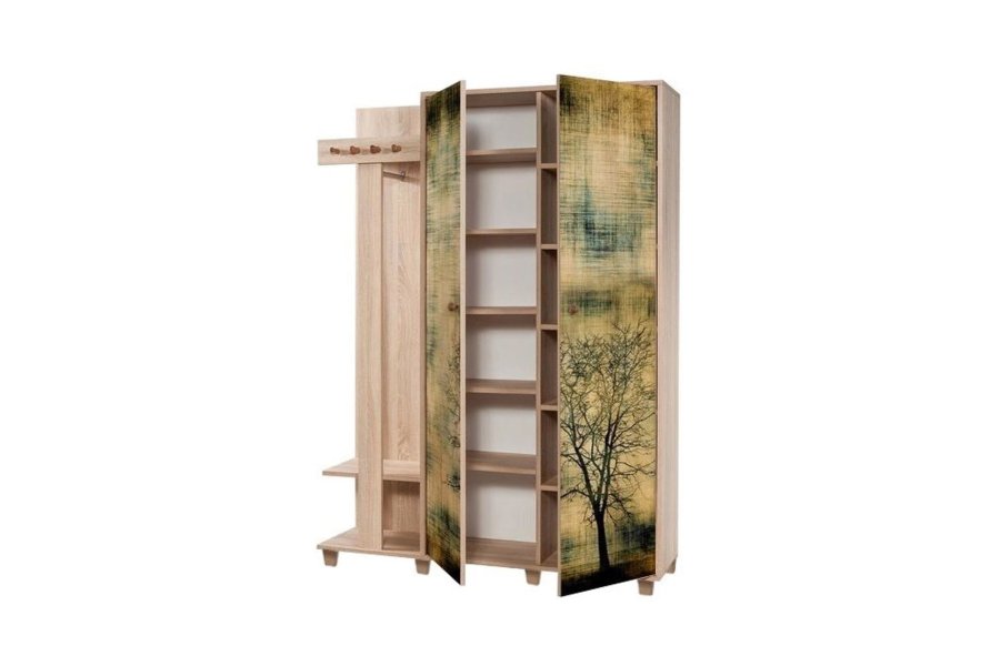 NORDVRK Garmanto inngangssett, m. 4 kroker, 2 drer med mnster, 11 hyller - naturlig melamin og bk