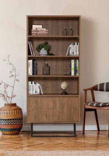 FUNZI LIVING Rea Bücherregal, m. 2 Türen und 4 Regale - walnussfarbenes Melamin und schwarzes Metall