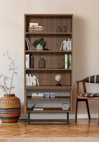 FUNZI LIVING Rea Bücherregal, m. 2 Türen und 4 Regale - walnussfarbenes Melamin und schwarzes Metall