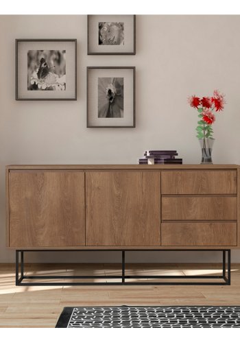 FUNZI LIVING Ruba Sideboard, m. 2 Türen, 2 Regale und 3 Schubladen - walnussfarbenes Melamin und schwarzes Metall