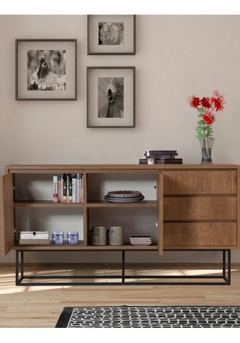 FUNZI LIVING Ruba Sideboard, m. 2 Türen, 2 Regale und 3 Schubladen - walnussfarbenes Melamin und schwarzes Metall