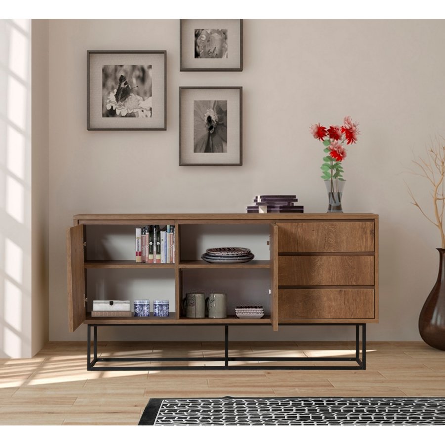 FUNZI LIVING Ruba Sideboard, m. 2 Türen, 2 Regale und 3 Schubladen - walnussfarbenes Melamin und schwarzes Metall