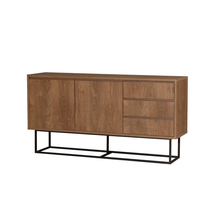 FUNZI LIVING Ruba Sideboard, m. 2 Türen, 2 Regale und 3 Schubladen - walnussfarbenes Melamin und schwarzes Metall