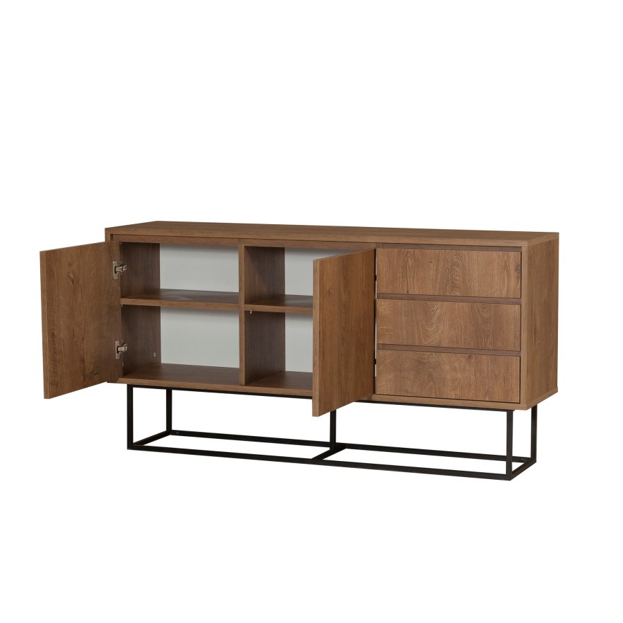 FUNZI LIVING Ruba Sideboard, m. 2 Türen, 2 Regale und 3 Schubladen - walnussfarbenes Melamin und schwarzes Metall