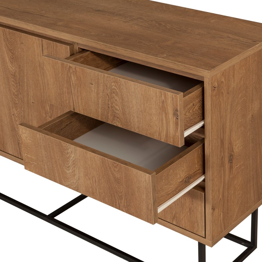 FUNZI LIVING Ruba Sideboard, m. 2 Türen, 2 Regale und 3 Schubladen - walnussfarbenes Melamin und schwarzes Metall
