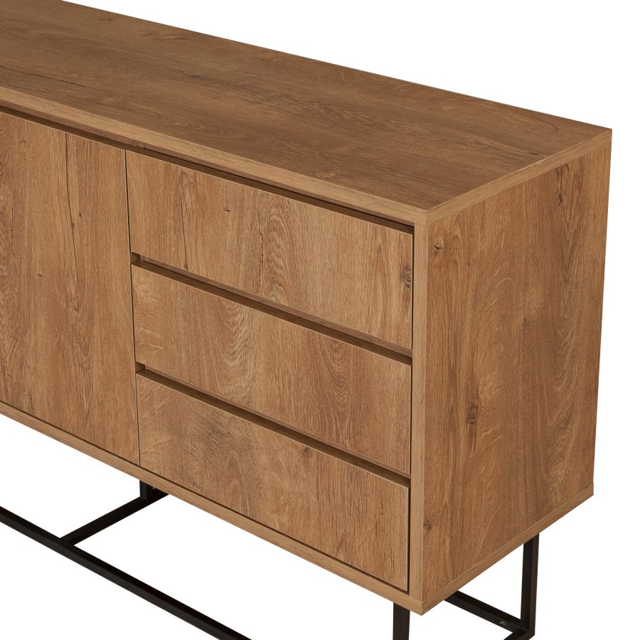 FUNZI LIVING Ruba Sideboard, m. 2 Türen, 2 Regale und 3 Schubladen - walnussfarbenes Melamin und schwarzes Metall