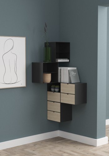 ACT NORDIC Joliet veggmontert nattbord, med hylle og skuff - naturlig bambus og svart metall (30x25)