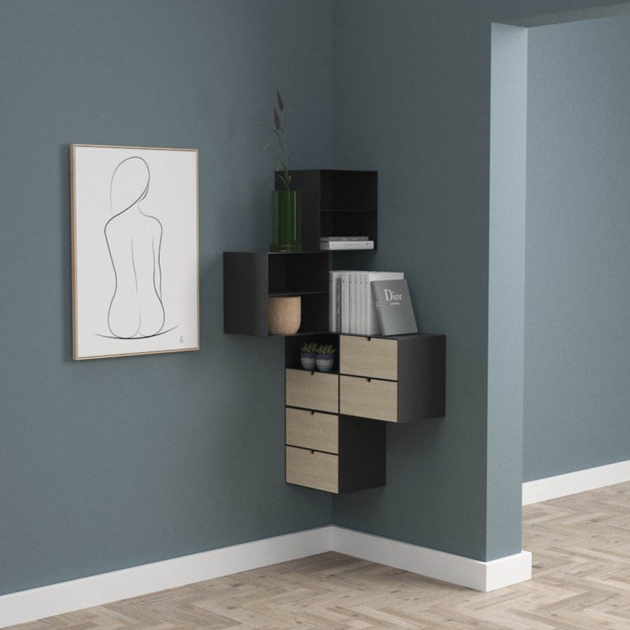 ACT NORDIC Joliet veggmontert nattbord, med hylle og skuff - naturlig bambus og svart metall (30x25)