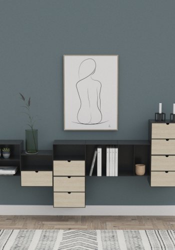 ACT NORDIC Joliet veggmontert nattbord, med hylle og skuff - naturlig bambus og svart metall (30x25)