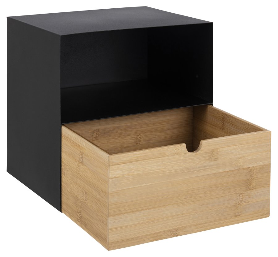 ACT NORDIC Joliet veggmontert nattbord, med hylle og skuff - naturlig bambus og svart metall (30x25)