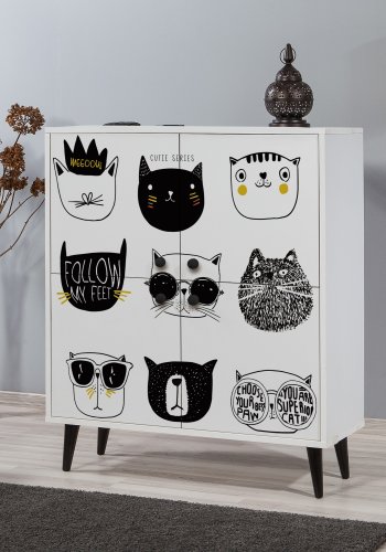 FUNZI LIVING Multilüx Schrank, m. 4 Türen und 3 Regale - weißes, schwarzes und gelbes Melamin und Hainbuche