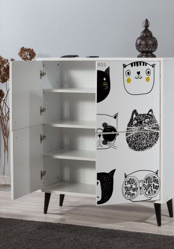 FUNZI LIVING Multilüx Schrank, m. 4 Türen und 3 Regale - weißes, schwarzes und gelbes Melamin und Hainbuche