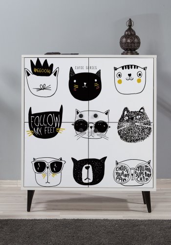 FUNZI LIVING Multilüx Schrank, m. 4 Türen und 3 Regale - weißes, schwarzes und gelbes Melamin und Hainbuche