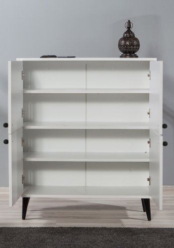 FUNZI LIVING Multilüx Schrank, m. 4 Türen und 3 Regale - weißes, schwarzes und gelbes Melamin und Hainbuche