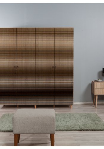 FUNZI LIVING Kleiderschrank, m. 4 Türen, 2 Kleiderstangen, 7 Einlegeböden - Naturmelamin und Hainbuche