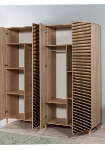 FUNZI LIVING Kleiderschrank, m. 4 Türen, 2 Kleiderstangen, 7 Einlegeböden - Naturmelamin und Hainbuche