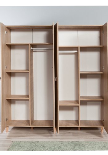 FUNZI LIVING Kleiderschrank, m. 4 Türen, 2 Kleiderstangen, 7 Einlegeböden - Naturmelamin und Hainbuche