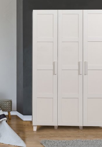 FUNZI LIVING Hedera Kleiderschrank, m. 3 Türen, 1 Kleiderstange, 4 Einlegeböden - weißes Melamin